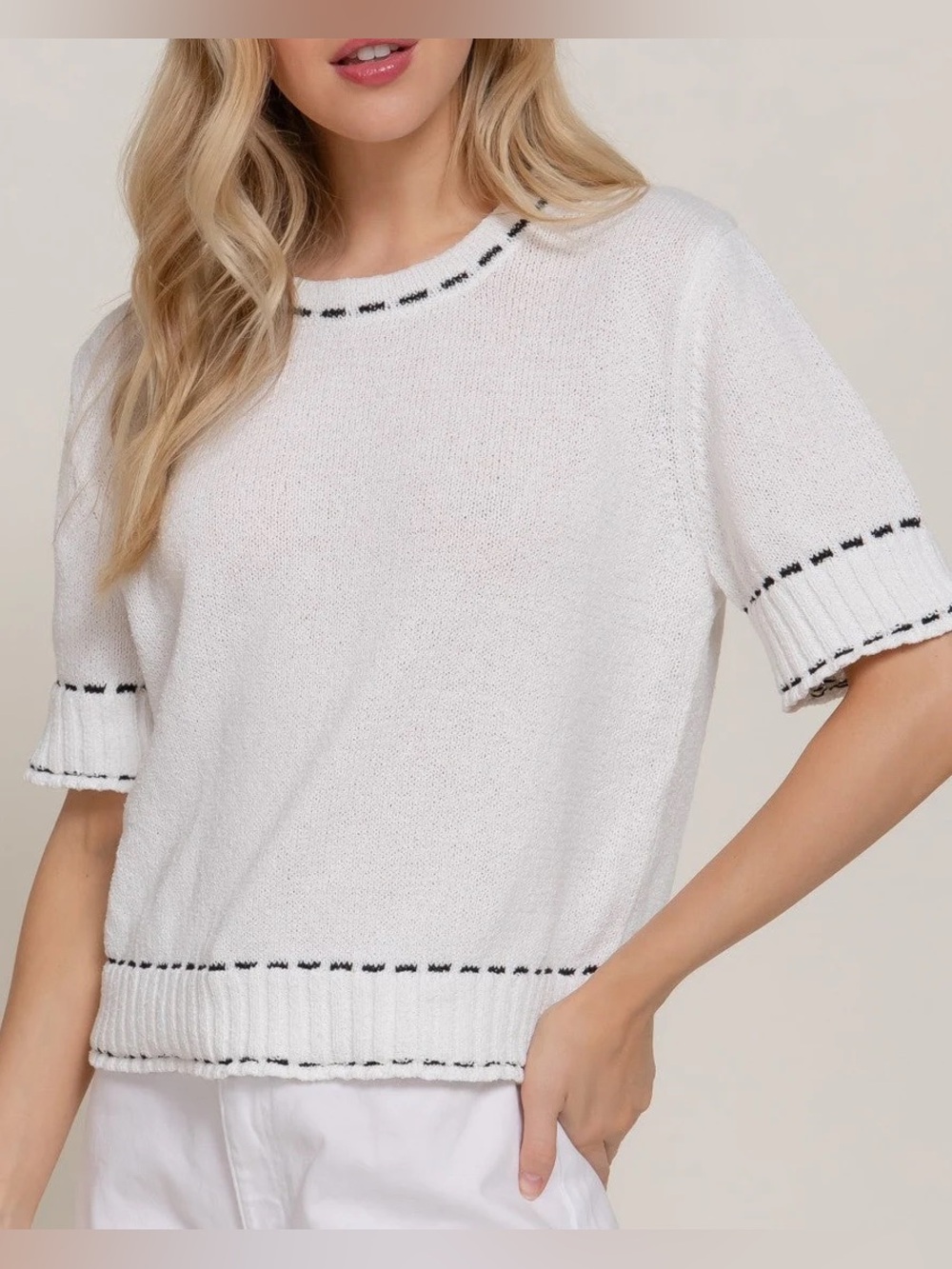 Active USA White Short Sleeve Knit Top with Black Trim